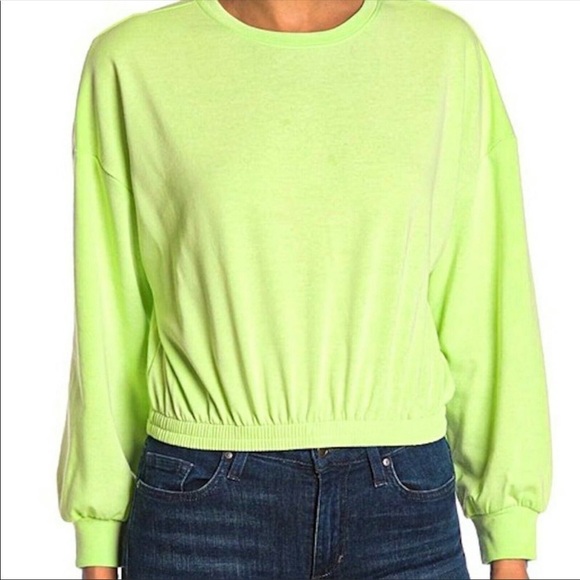 NWT Elodie Crew Neck Pullover Sweatshirt Crop Elastic Waist Neon Green Size S - Picture 1 of 8